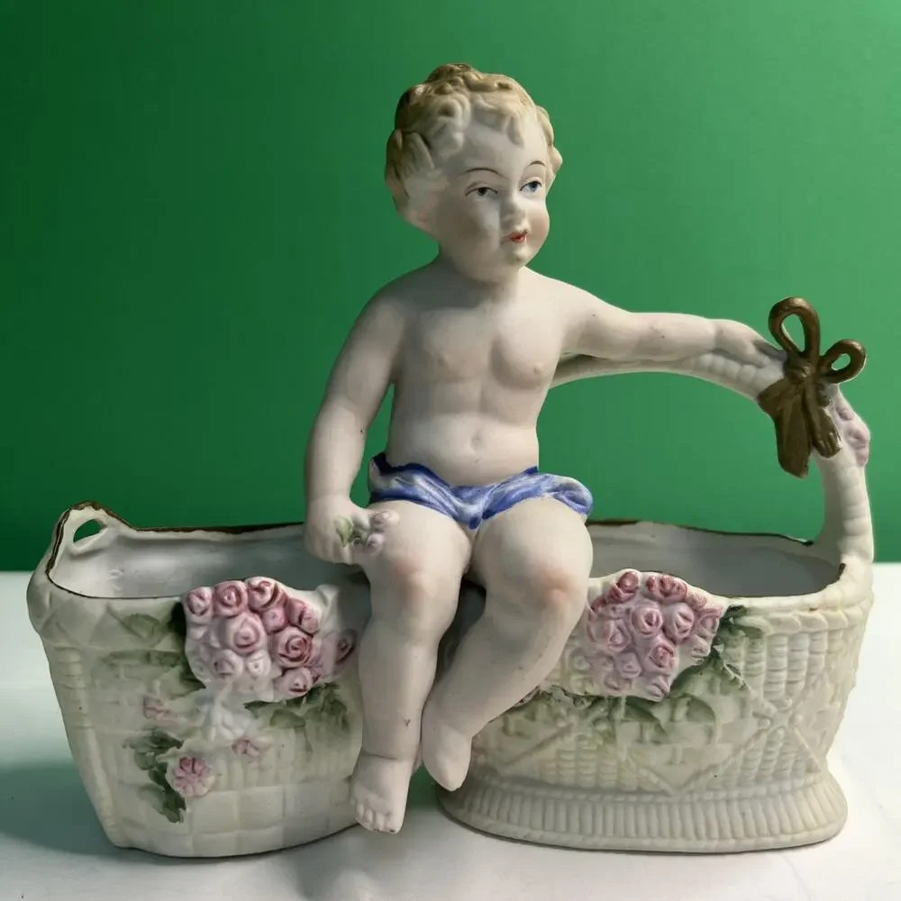 Antique Hal Sey Fifth Ave Cherub Bisque Figural Double Planter